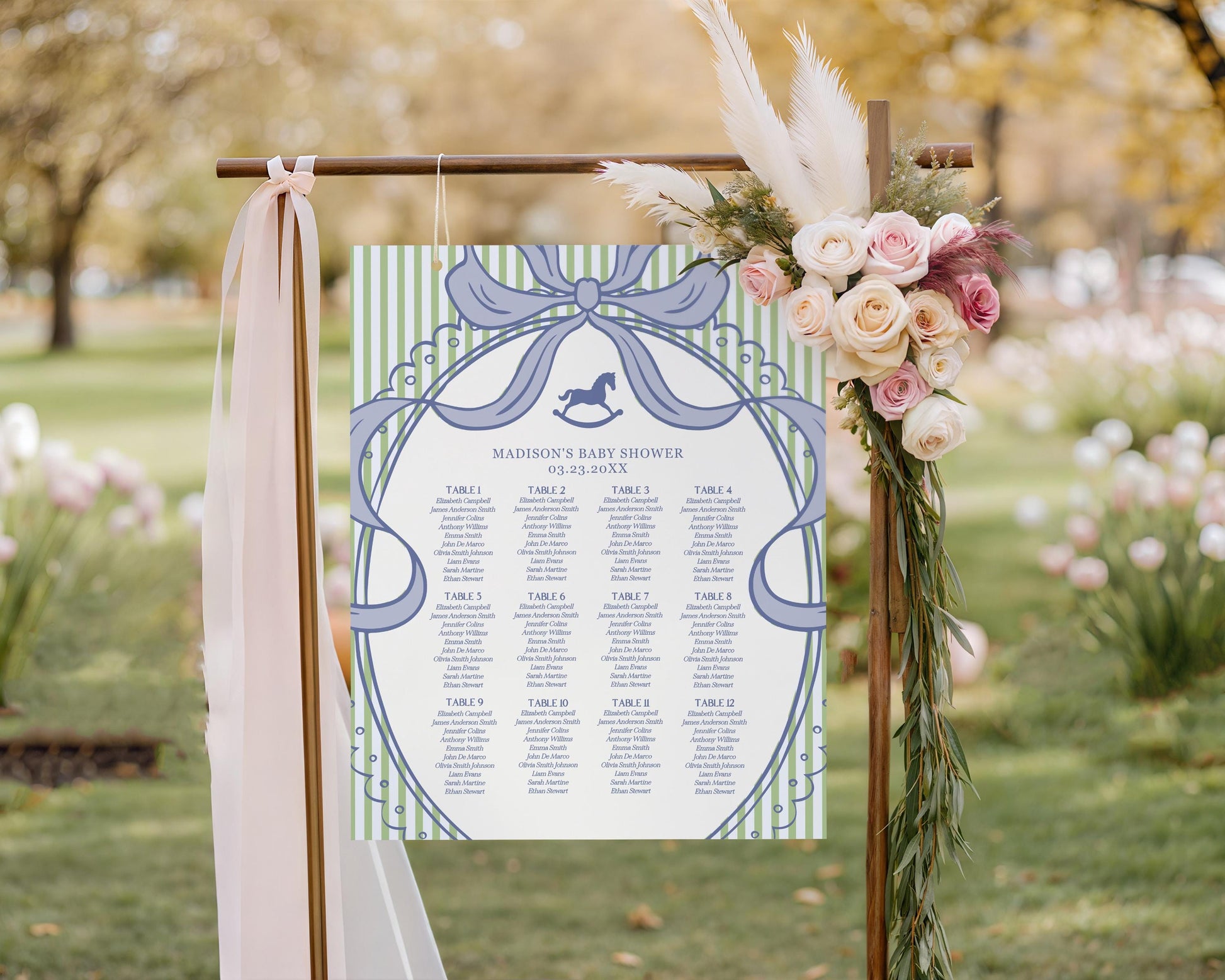 Green and Blue Coquette Bow Rocking Horse Seating Chart Poster Template, Striped Preppy Baby Shower, Classic First Birthday Party WP1096