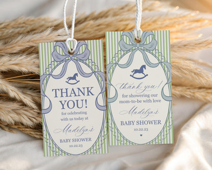 Green and Blue Coquette Bow Rocking Horse Baby Shower Favor Tags Template, Striped Preppy Baby Sprinkle WP1096