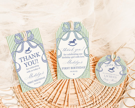 Green and Blue Coquette Bow Rocking Horse Birthday Party Favor Tags Template, Preppy Striped First Birthday Party WP1096