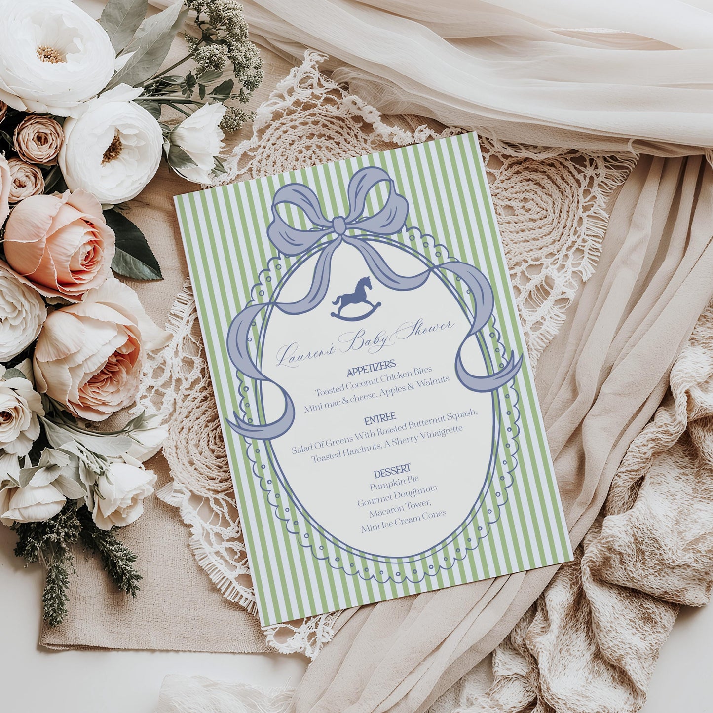 Green and Blue Coquette Bow Rocking Horse Menu Template, Striped Preppy Baby Shower, Classic First Birthday Party WP1096