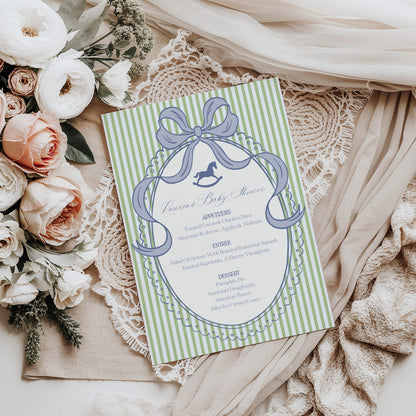 Green and Blue Coquette Bow Rocking Horse Menu Template, Striped Preppy Baby Shower, Classic First Birthday Party WP1096