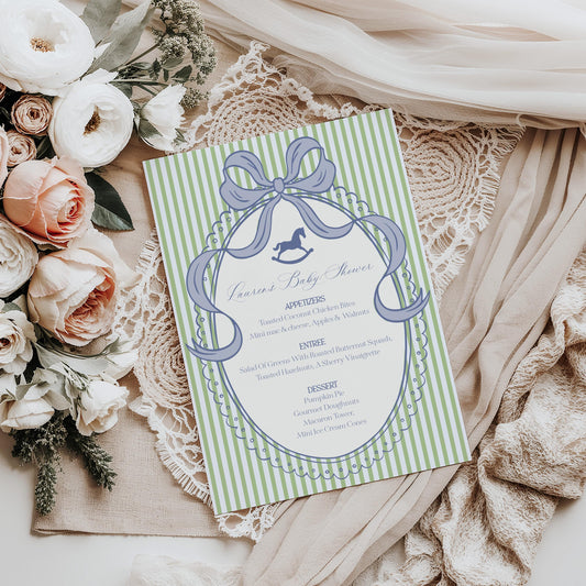 Green and Blue Coquette Bow Rocking Horse Menu Template, Striped Preppy Baby Shower, Classic First Birthday Party WP1096