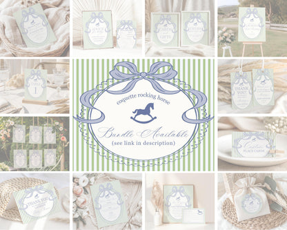 Green and Blue Coquette Bow Rocking Horse Menu Template, Striped Preppy Baby Shower, Classic First Birthday Party WP1096
