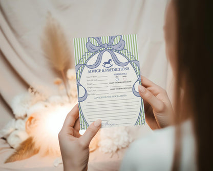 Green and Blue Coquette Bow Rocking Horse Advice for Baby Cards Template, Striped Preppy Baby Sprinkle WP1096