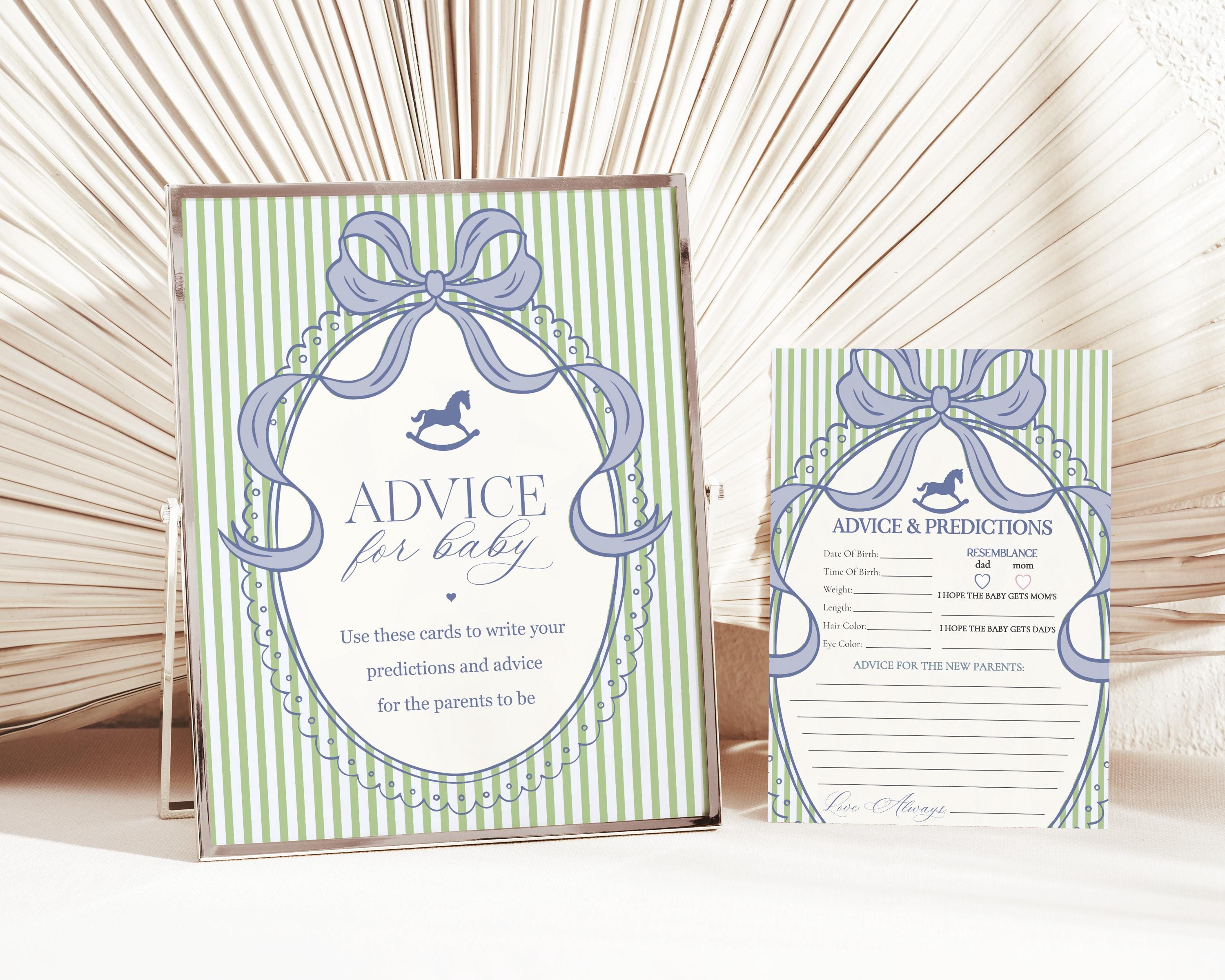 Green and Blue Coquette Bow Rocking Horse Advice for Baby Cards Template, Striped Preppy Baby Sprinkle WP1096