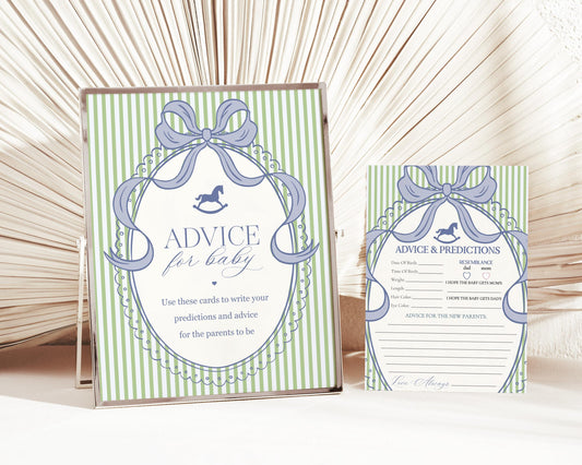 Green and Blue Coquette Bow Rocking Horse Advice for Baby Cards Template, Striped Preppy Baby Sprinkle WP1096