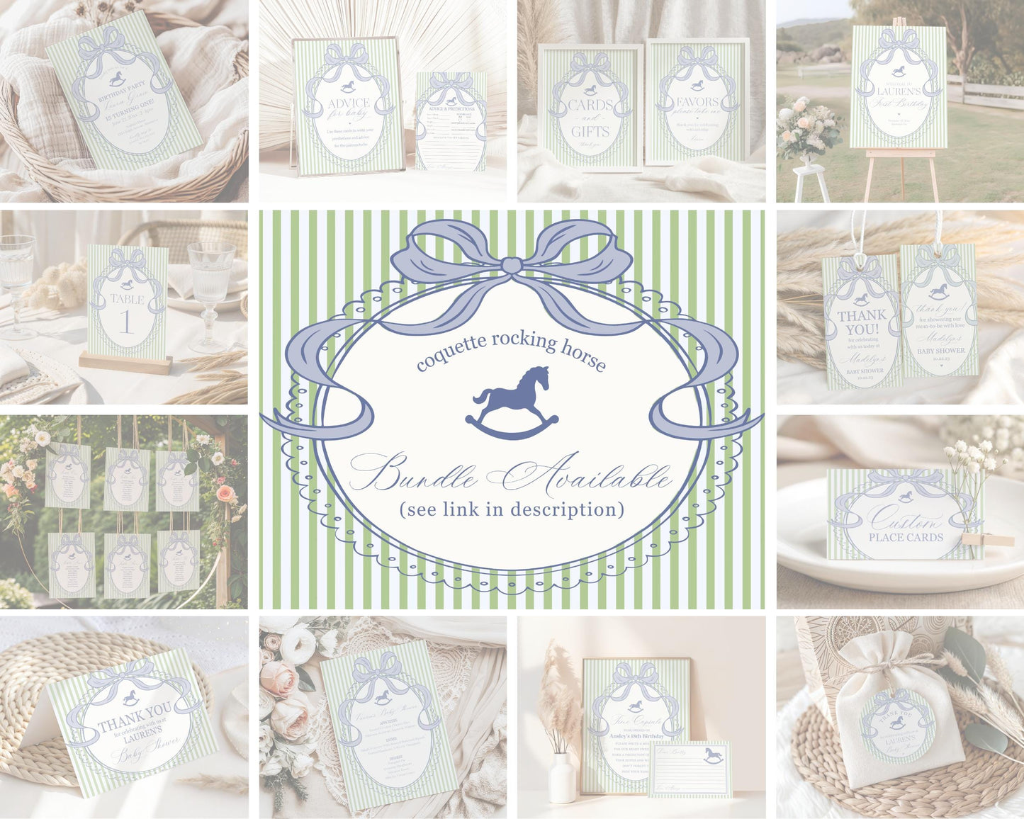 Green and Blue Coquette Bow Rocking Horse Baby Shower Banner Template, Striped Preppy Baby Sprinkle WP1096