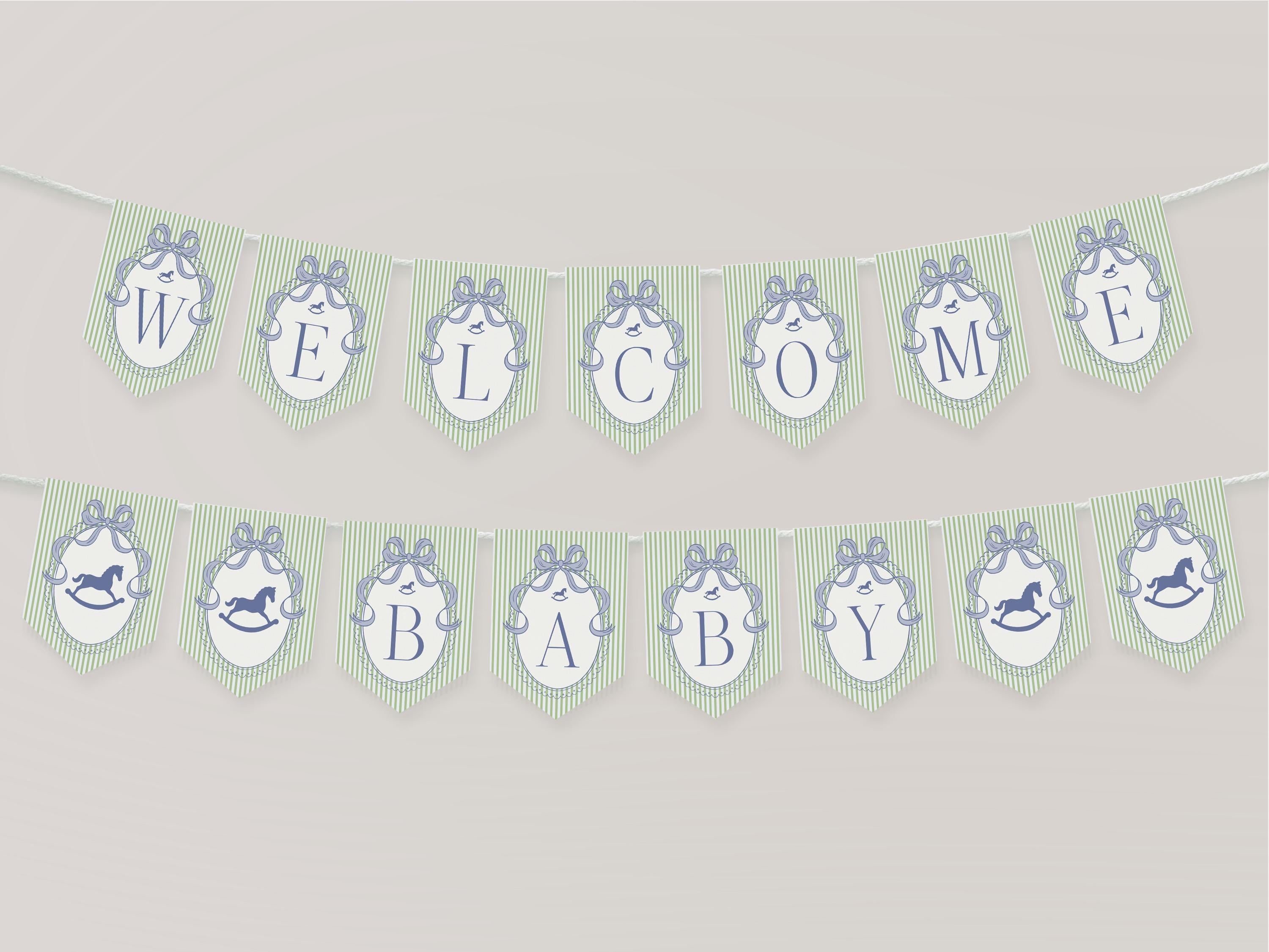 Green and Blue Coquette Bow Rocking Horse Baby Shower Banner Template, Striped Preppy Baby Sprinkle WP1096