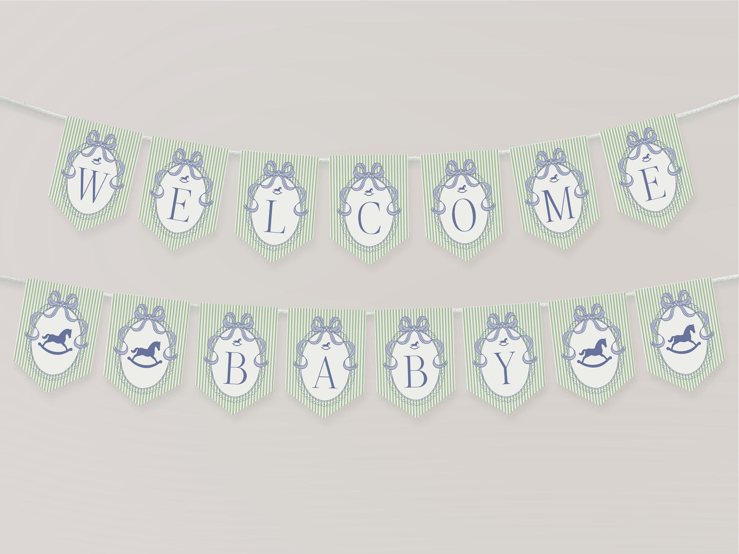 Green and Blue Coquette Bow Rocking Horse Baby Shower Banner Template, Striped Preppy Baby Sprinkle WP1096