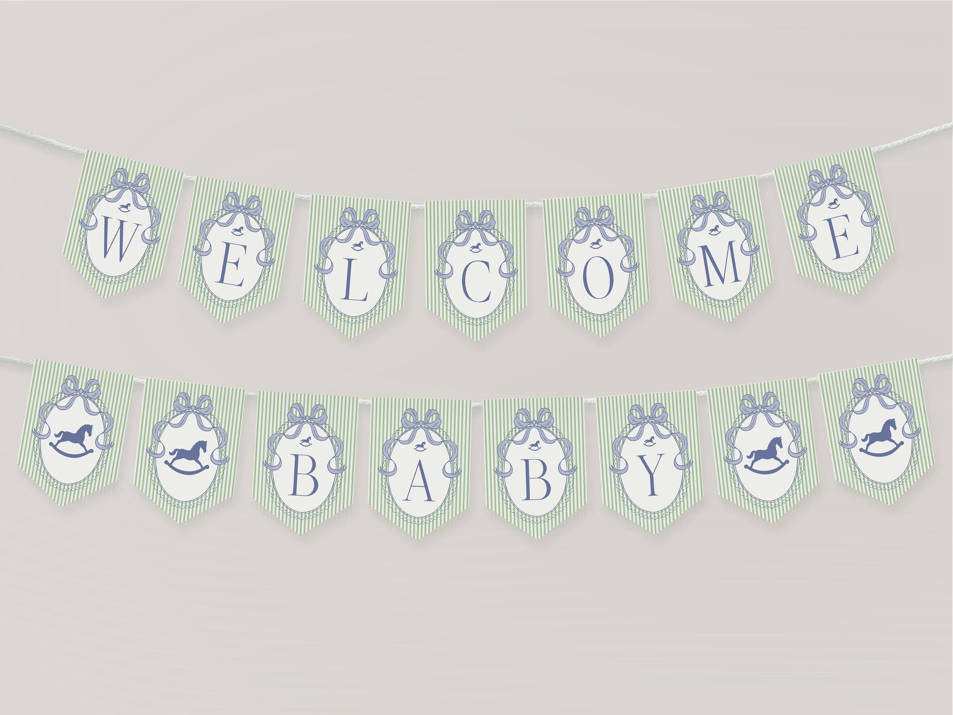 Green and Blue Coquette Bow Rocking Horse Baby Shower Banner Template, Striped Preppy Baby Sprinkle WP1096