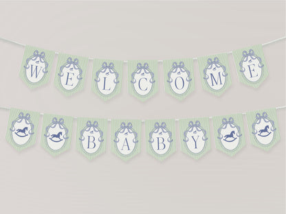 Green and Blue Coquette Bow Rocking Horse Baby Shower Banner Template, Striped Preppy Baby Sprinkle WP1096