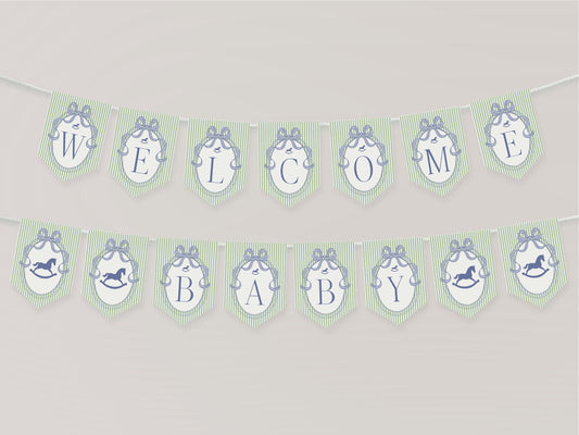 Green and Blue Coquette Bow Rocking Horse Baby Shower Banner Template, Striped Preppy Baby Sprinkle WP1096