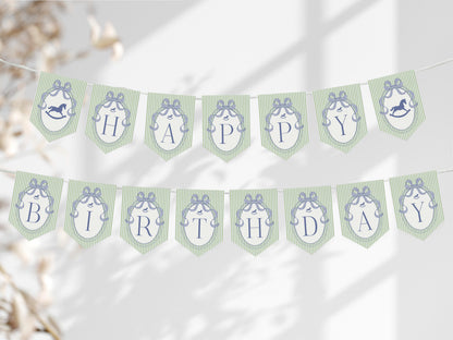 Green and Blue Coquette Bow Rocking Horse Birthday Banner Template, Preppy Striped First Birthday Party WP1096