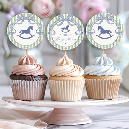 Green and Blue Coquette Bow Rocking Horse Cupcake Toppers Template, Striped Preppy Baby Shower, Classic First Birthday Party WP1096