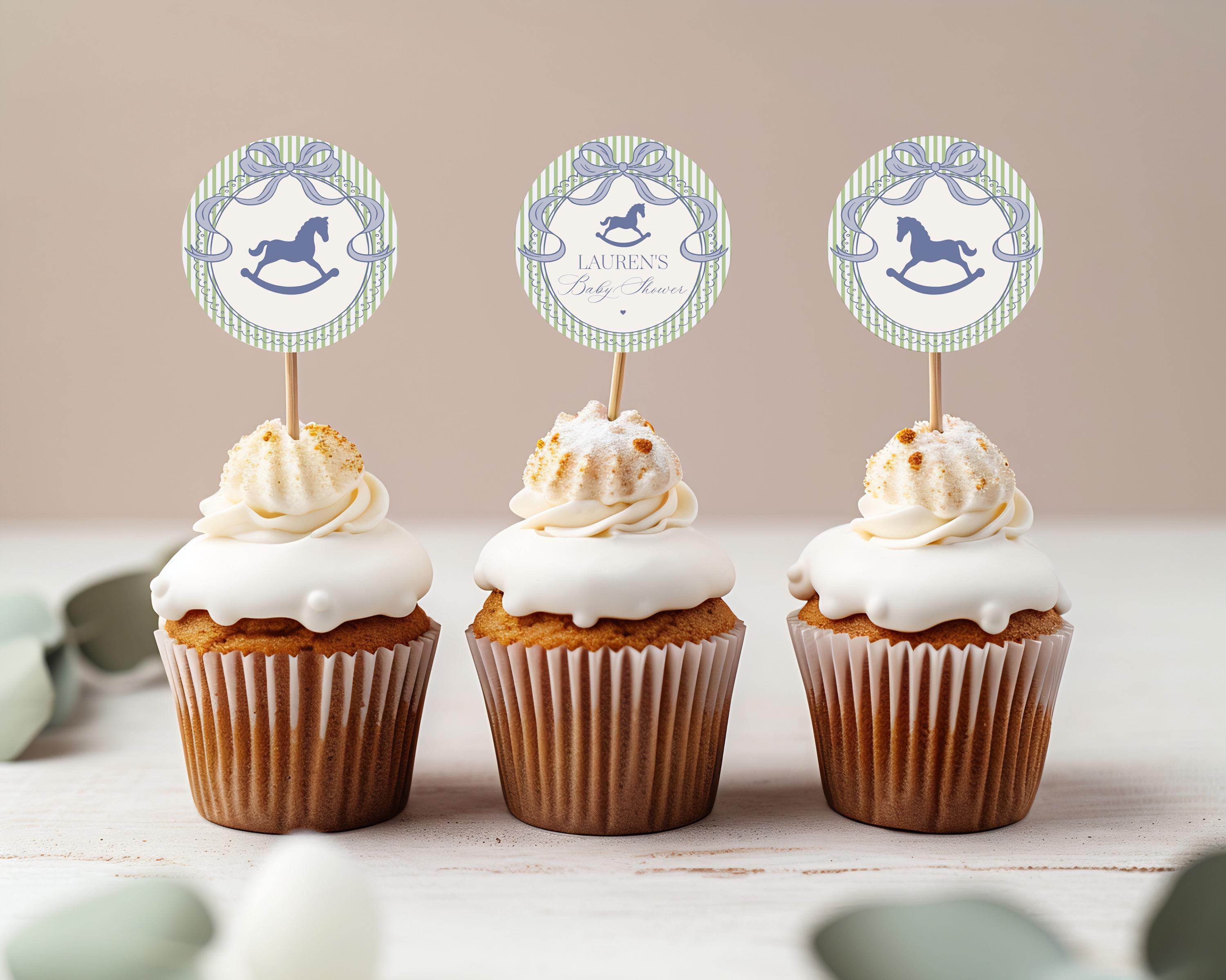 Green and Blue Coquette Bow Rocking Horse Cupcake Toppers Template, Striped Preppy Baby Shower, Classic First Birthday Party WP1096