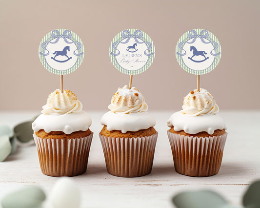 Green and Blue Coquette Bow Rocking Horse Cupcake Toppers Template, Striped Preppy Baby Shower, Classic First Birthday Party WP1096