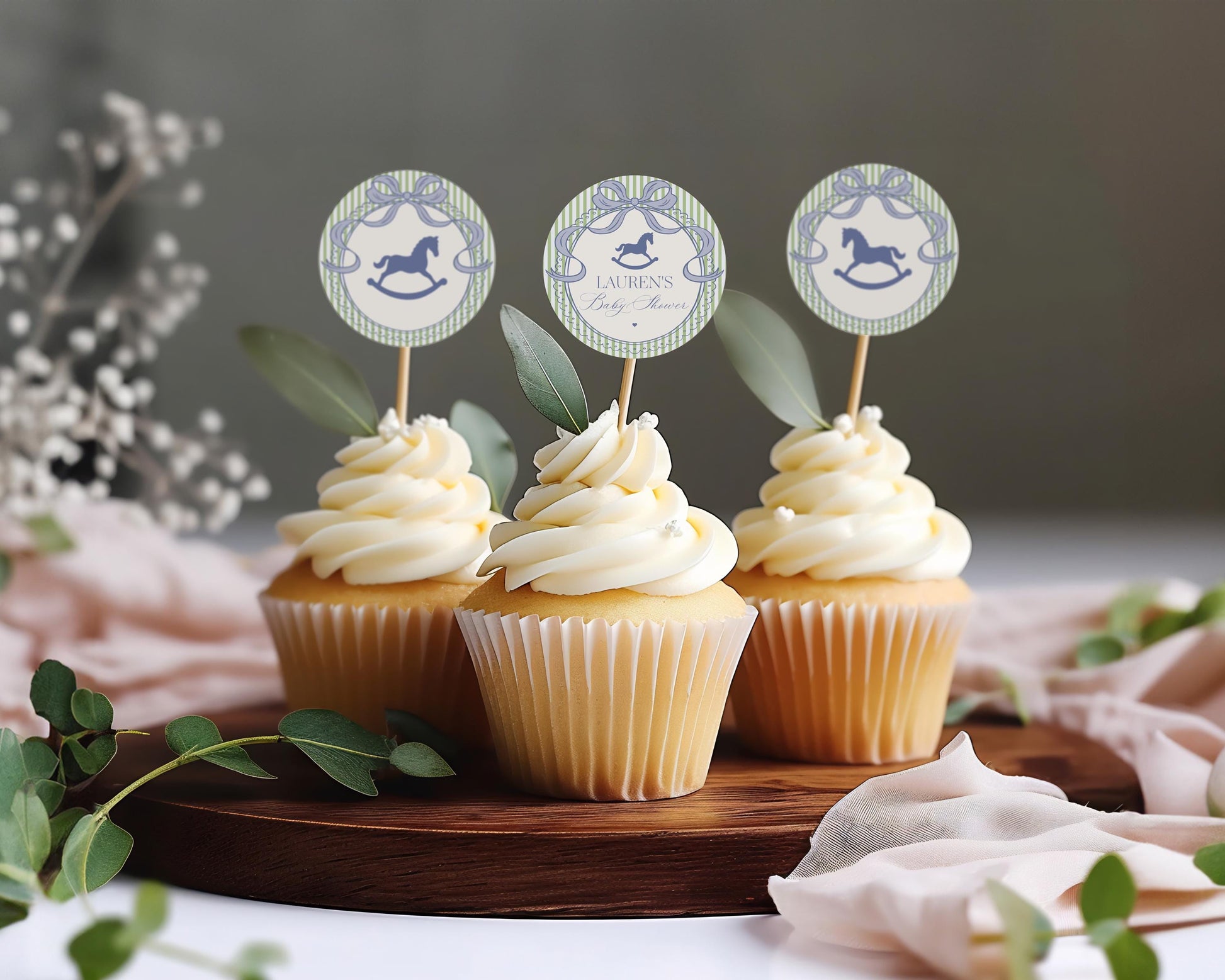 Green and Blue Coquette Bow Rocking Horse Cupcake Toppers Template, Striped Preppy Baby Shower, Classic First Birthday Party WP1096