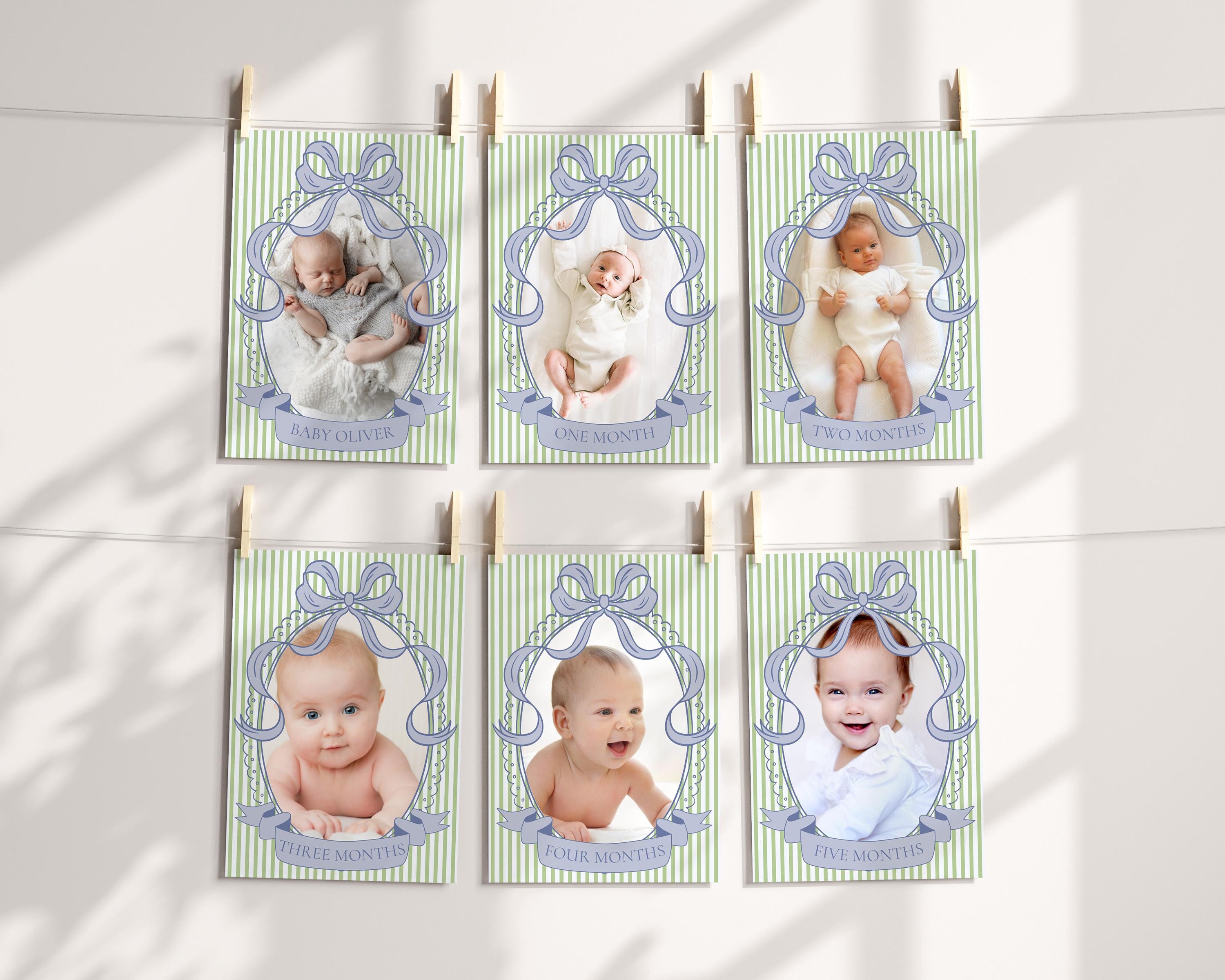 Green and Blue Coquette Bow Rocking Horse 1st Birthday Milestone Banner Template, Preppy Striped First Birthday Party WP1096
