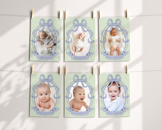 Green and Blue Coquette Bow Rocking Horse 1st Birthday Milestone Banner Template, Preppy Striped First Birthday Party WP1096