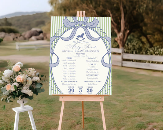 Green and Blue Coquette Bow Rocking Horse First Year Milestone Sign Printable Template, Preppy Striped First Birthday Party WP1096