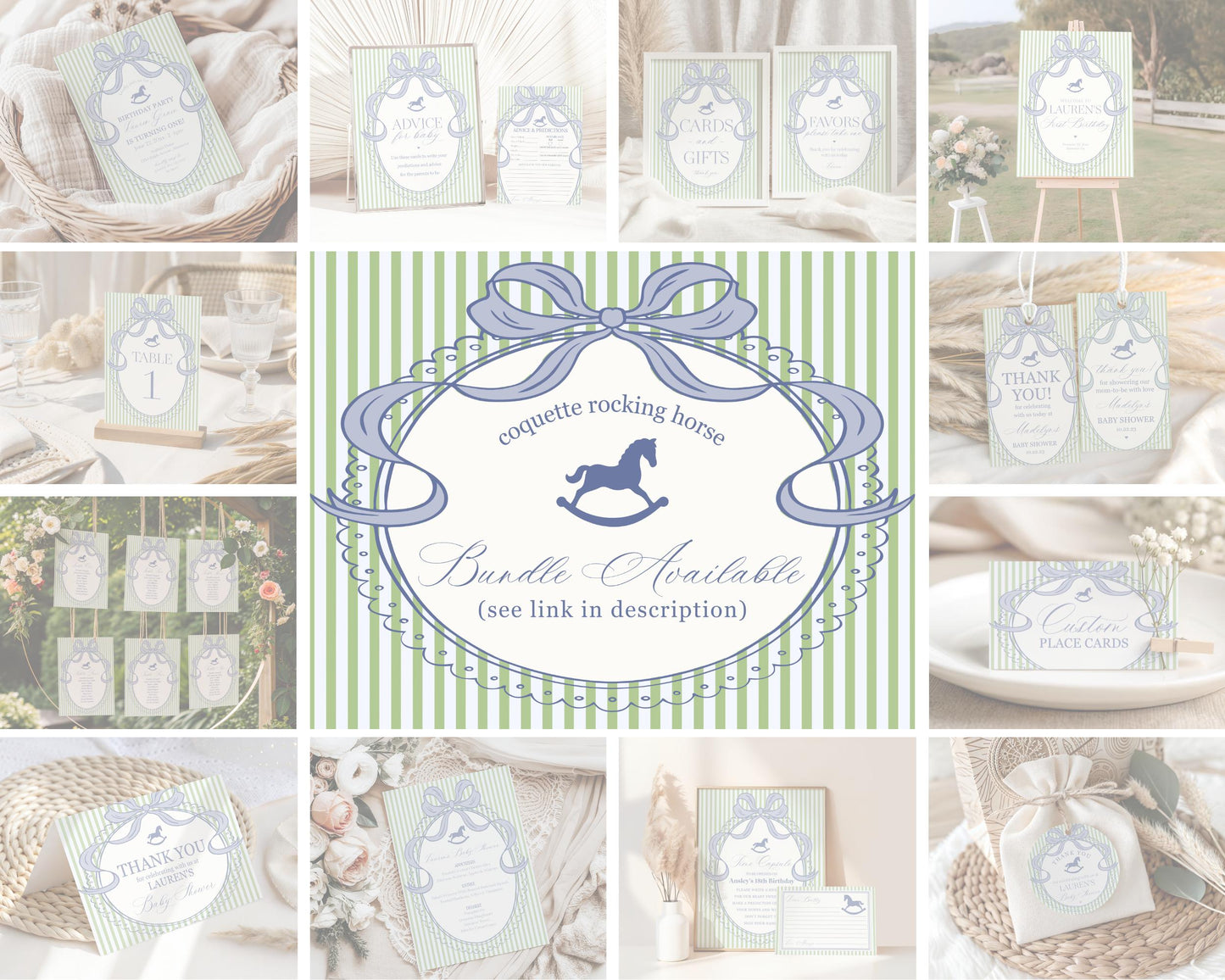 Green and Blue Coquette Bow Rocking Horse First Year Milestone Sign Printable Template, Preppy Striped First Birthday Party WP1096