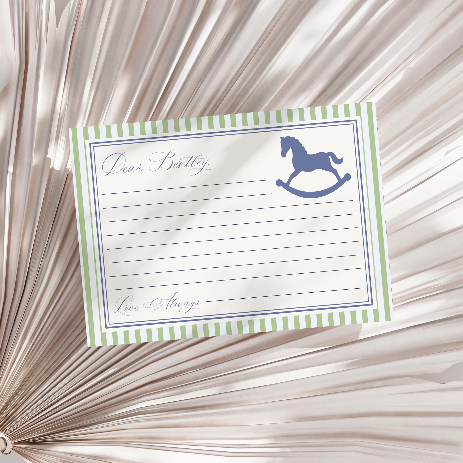 Green and Blue Coquette Bow Rocking Horse Time Capsule Template, Preppy Striped First Birthday Party WP1096