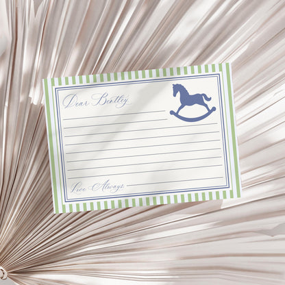 Green and Blue Coquette Bow Rocking Horse Time Capsule Template, Preppy Striped First Birthday Party WP1096