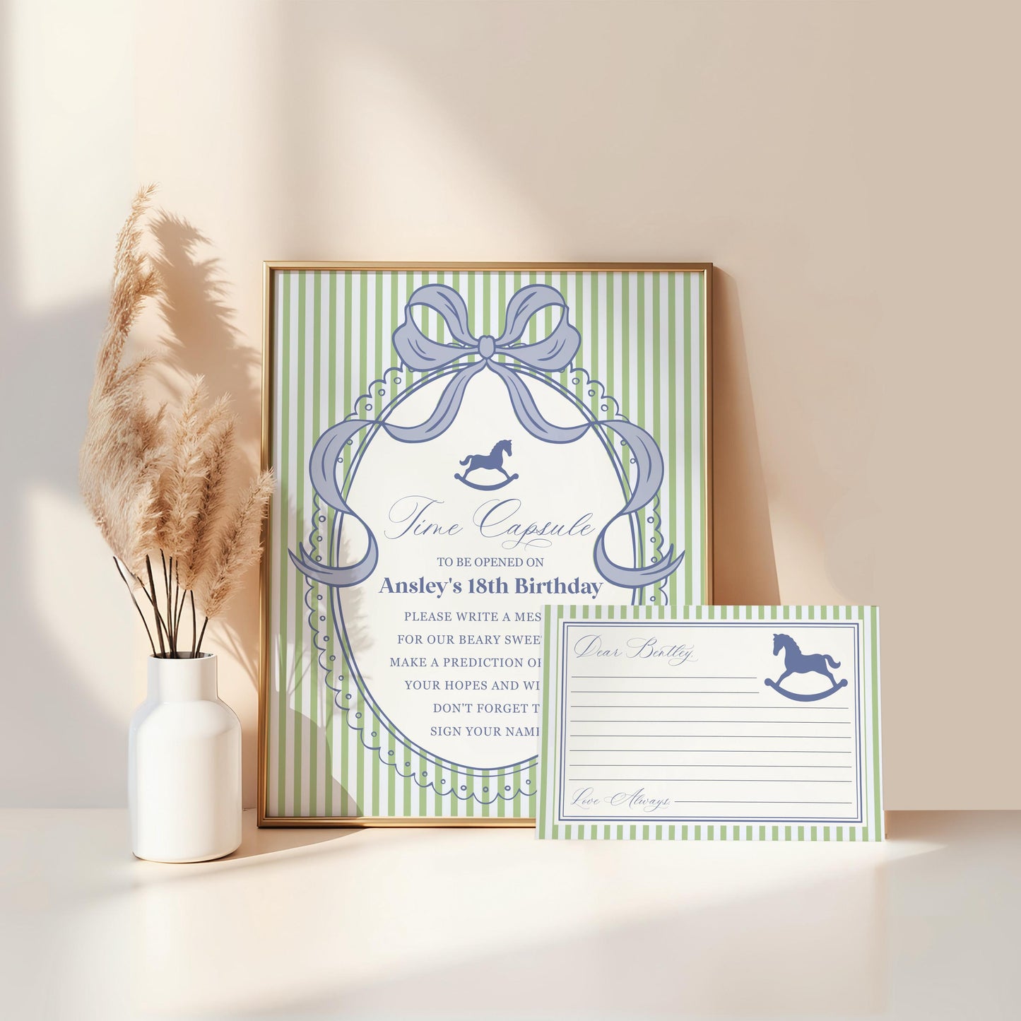 Green and Blue Coquette Bow Rocking Horse Time Capsule Template, Preppy Striped First Birthday Party WP1096