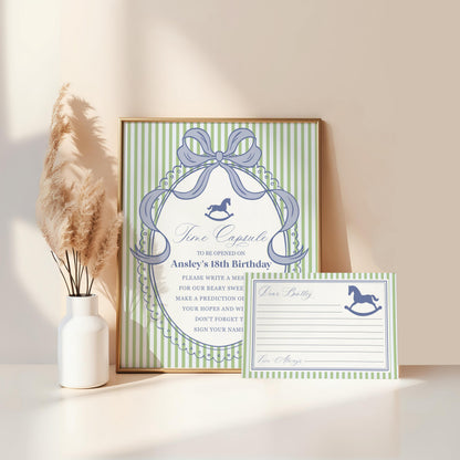 Green and Blue Coquette Bow Rocking Horse Time Capsule Template, Preppy Striped First Birthday Party WP1096