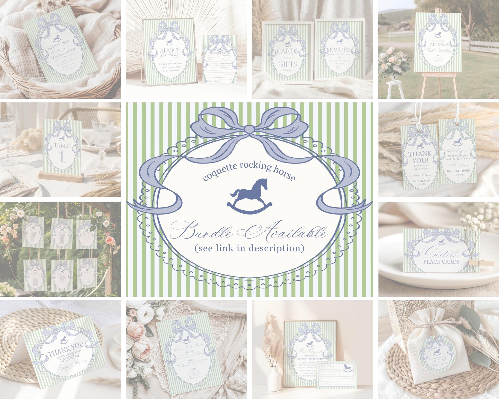 Green and Blue Coquette Bow Rocking Horse Favorite Memories Birthday Girl Template, Preppy Striped First Birthday Party WP1096