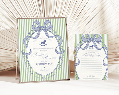 Green and Blue Coquette Bow Rocking Horse Favorite Memories Birthday Girl Template, Preppy Striped First Birthday Party WP1096