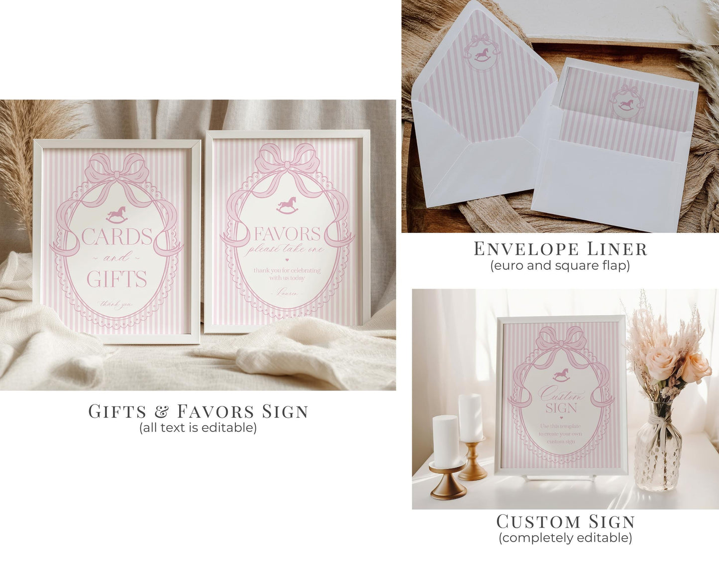 Pink Coquette Bow Rocking Horse Baby Shower Bundle Printable Template, Striped Preppy Baby Sprinkle, Heirloom Brunch with Mom to Be WP1094