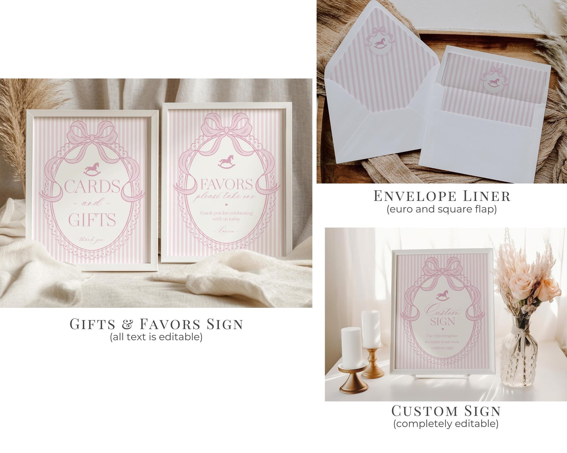 Pink Coquette Bow Rocking Horse Baby Shower Bundle Printable Template, Striped Preppy Baby Sprinkle, Heirloom Brunch with Mom to Be WP1094