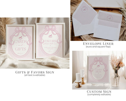 Pink Coquette Bow Rocking Horse Baby Shower Bundle Printable Template, Striped Preppy Baby Sprinkle, Heirloom Brunch with Mom to Be WP1094
