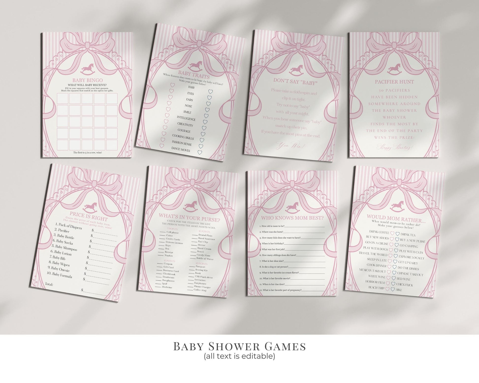 Pink Coquette Bow Rocking Horse Baby Shower Bundle Printable Template, Striped Preppy Baby Sprinkle, Heirloom Brunch with Mom to Be WP1094