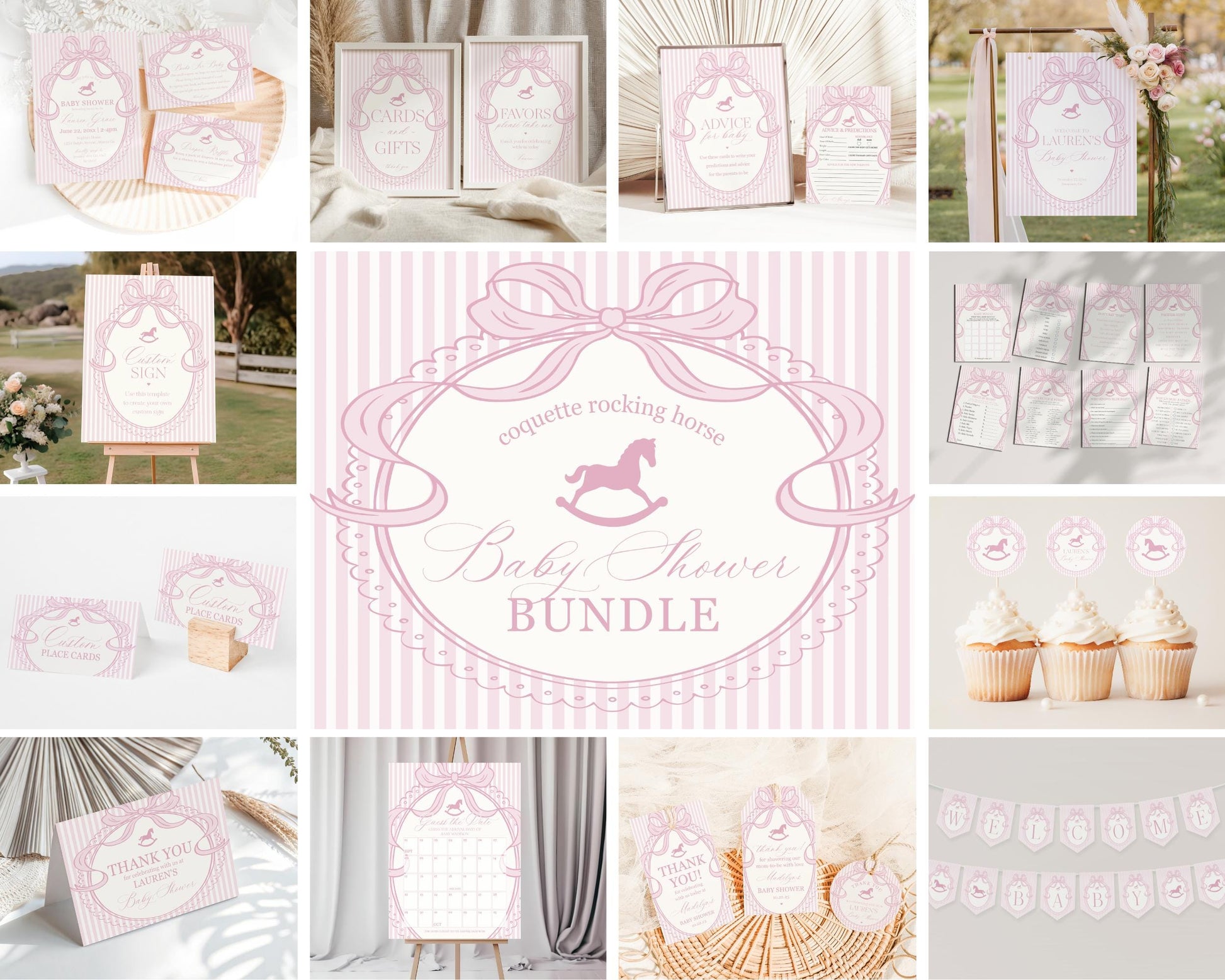 Pink Coquette Bow Rocking Horse Baby Shower Bundle Printable Template, Striped Preppy Baby Sprinkle, Heirloom Brunch with Mom to Be WP1094
