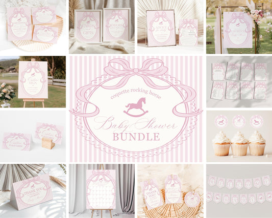 Pink Coquette Bow Rocking Horse Baby Shower Bundle Printable Template, Striped Preppy Baby Sprinkle, Heirloom Brunch with Mom to Be WP1094