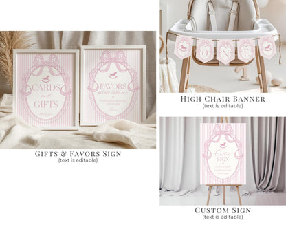 Pink Coquette Bow Rocking Horse 1st Birthday Bundle Printable Template, Preppy Striped First Birthday Party WP1094