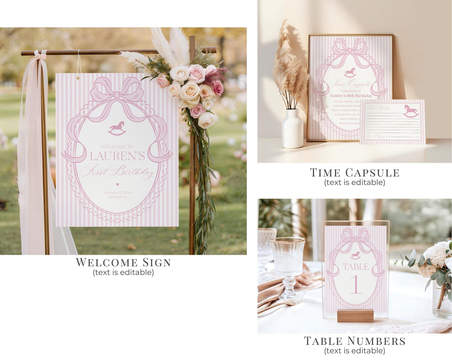 Pink Coquette Bow Rocking Horse 1st Birthday Bundle Printable Template, Preppy Striped First Birthday Party WP1094