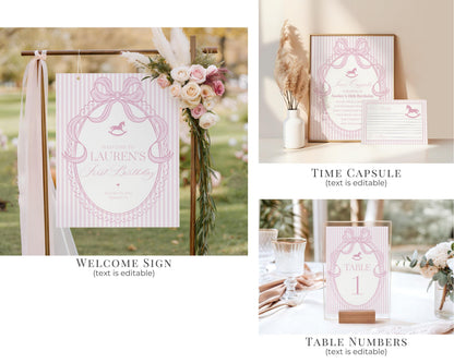 Pink Coquette Bow Rocking Horse 1st Birthday Bundle Printable Template, Preppy Striped First Birthday Party WP1094