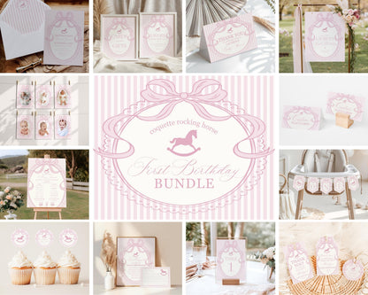 Pink Coquette Bow Rocking Horse 1st Birthday Bundle Printable Template, Preppy Striped First Birthday Party WP1094