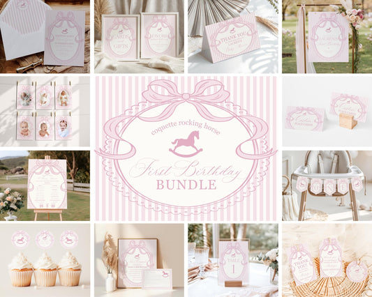 Pink Coquette Bow Rocking Horse 1st Birthday Bundle Printable Template, Preppy Striped First Birthday Party WP1094