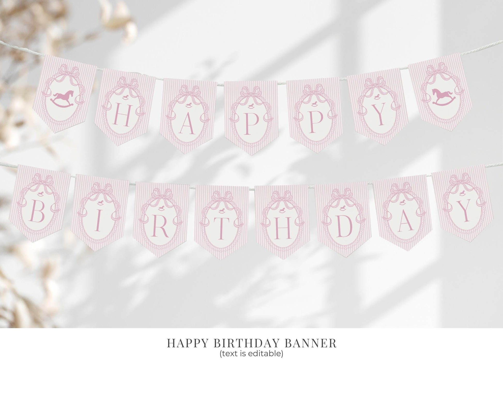 Pink Coquette Bow Rocking Horse Birthday Bundle Printable Template, Preppy Striped Birthday Party, Heirloom Inspired Timeless Bday WP1094