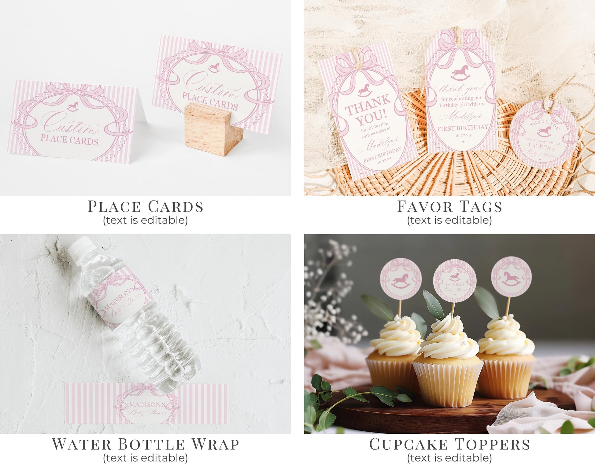 Pink Coquette Bow Rocking Horse Birthday Bundle Printable Template, Preppy Striped Birthday Party, Heirloom Inspired Timeless Bday WP1094