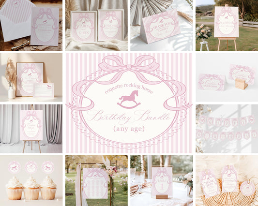 Pink Coquette Bow Rocking Horse Birthday Bundle Printable Template, Preppy Striped Birthday Party, Heirloom Inspired Timeless Bday WP1094