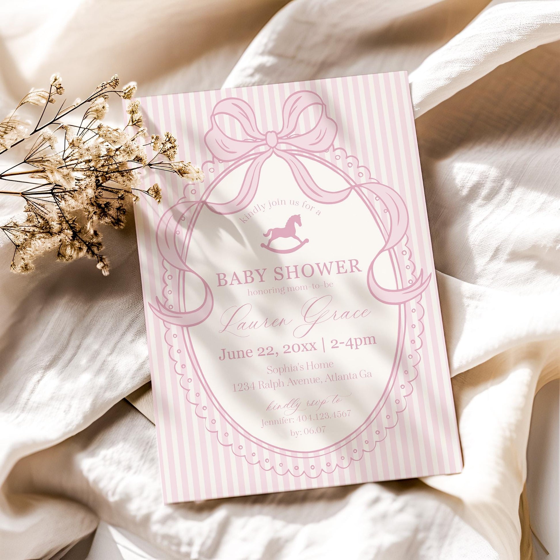 Pink Coquette Bow Rocking Horse Baby Shower Invitation Printable Template, Striped Preppy Baby Sprinkle WP1094