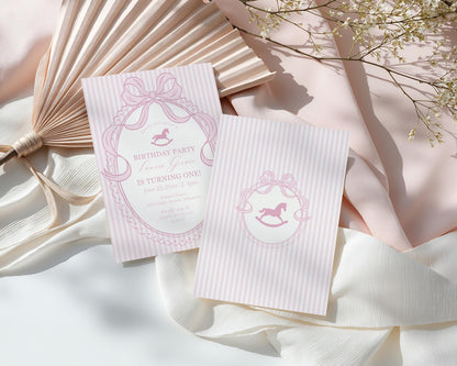 Pink Coquette Bow Rocking Horse Birthday Invitation Printable Template, Preppy Striped First Birthday Party WP1094