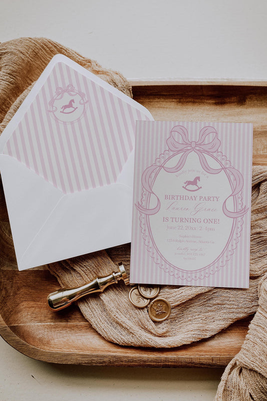 Pink Coquette Bow Rocking Horse Birthday Invitation Printable Template, Preppy Striped First Birthday Party WP1094
