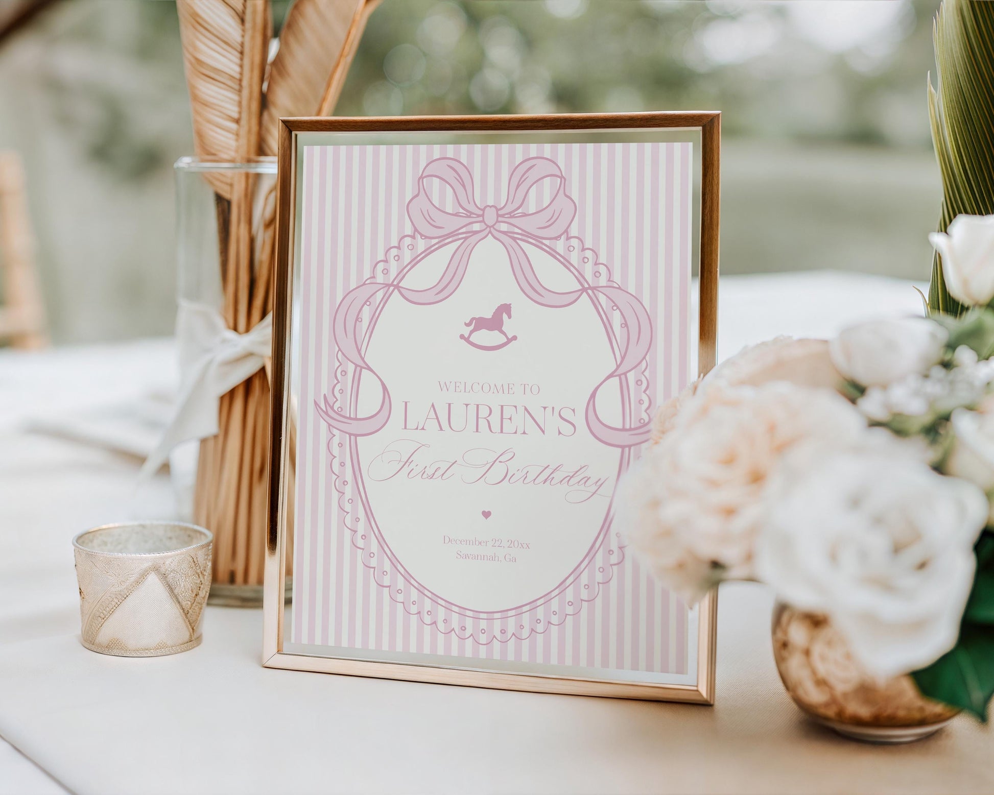 Pink Coquette Bow Rocking Horse Birthday Party Welcome Sign Template, Striped Preppy Baby Sprinkle WP1094