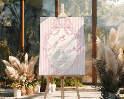 Pink Coquette Bow Rocking Horse Custom Sign Template, Striped Preppy Baby Shower, Classic First Birthday Party WP1094